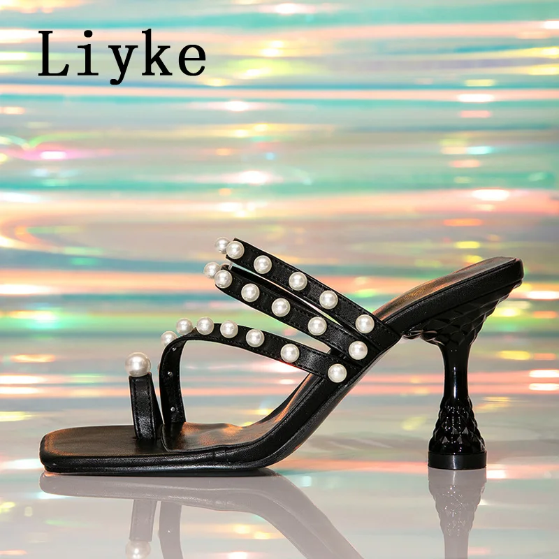 Liyke تصميم الأزياء الأبيض اللؤلؤ كليب تو 8.5 سنتيمتر رقيقة الكعوب النعال للمرأة الوجه يتخبط أحذية صنادل طراز جلاديتور الشرائح الإناث #6