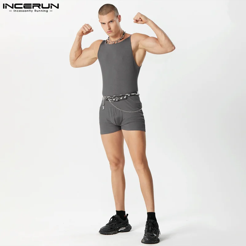 INCERUN 2023 Sexy Style New Men Homewear Fashion Suspender Design Jumpsuits Casual Male Striped Solid Sleeveless Bodysuits S-3XL