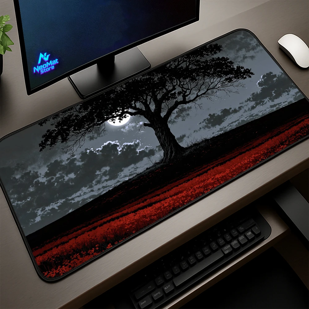 Gothic Mouse Pad Gaming Gamer Large Desk Mat Red 900x400 Field Moon Tree Silhouette Poppy Nonslip Decor Mousepad Mousepads