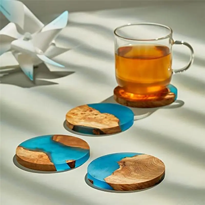 AB46-4 Piece Wooden Coasters With Epoxy Resin Bar Coaster Blue For Drinks, Modern Coasters For Bar Kitchen Home Apartment