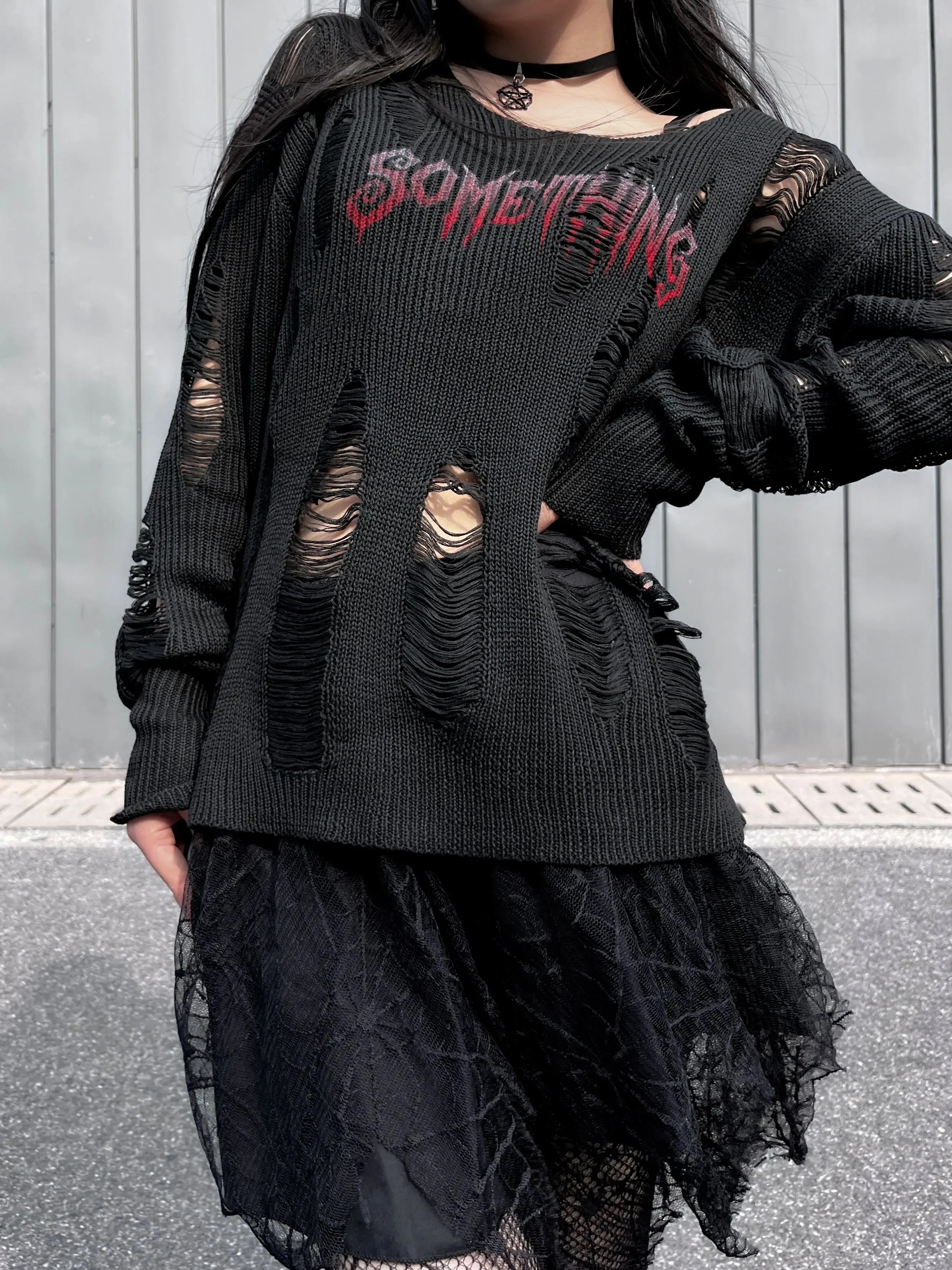 Ruibbit Harajuku Gothic Hole Embroidery Long Sleeve Women Punk Style O-Neck Loose Vintage Off Black Knitted Pullovers y2k