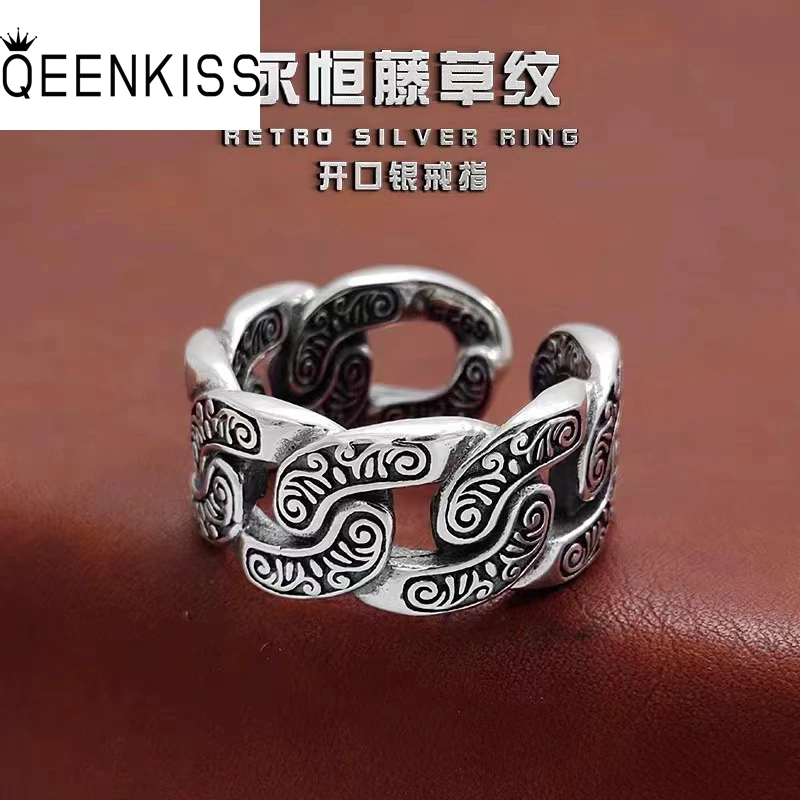 

QEENKISS 925 Sterling Silver Ring for Men Vintage Punk Tang Grass Adjustable Ring Fine Jewelry Wedding Party Groom Gift RG6951