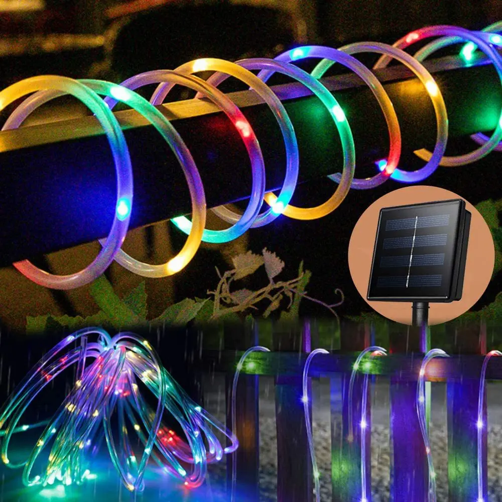 1pc Solar LED String Light 50/100/200 LED Tube Rope String Lights with 8 Modes Outdoor Waterproof for Home Garden Walkway Dceor