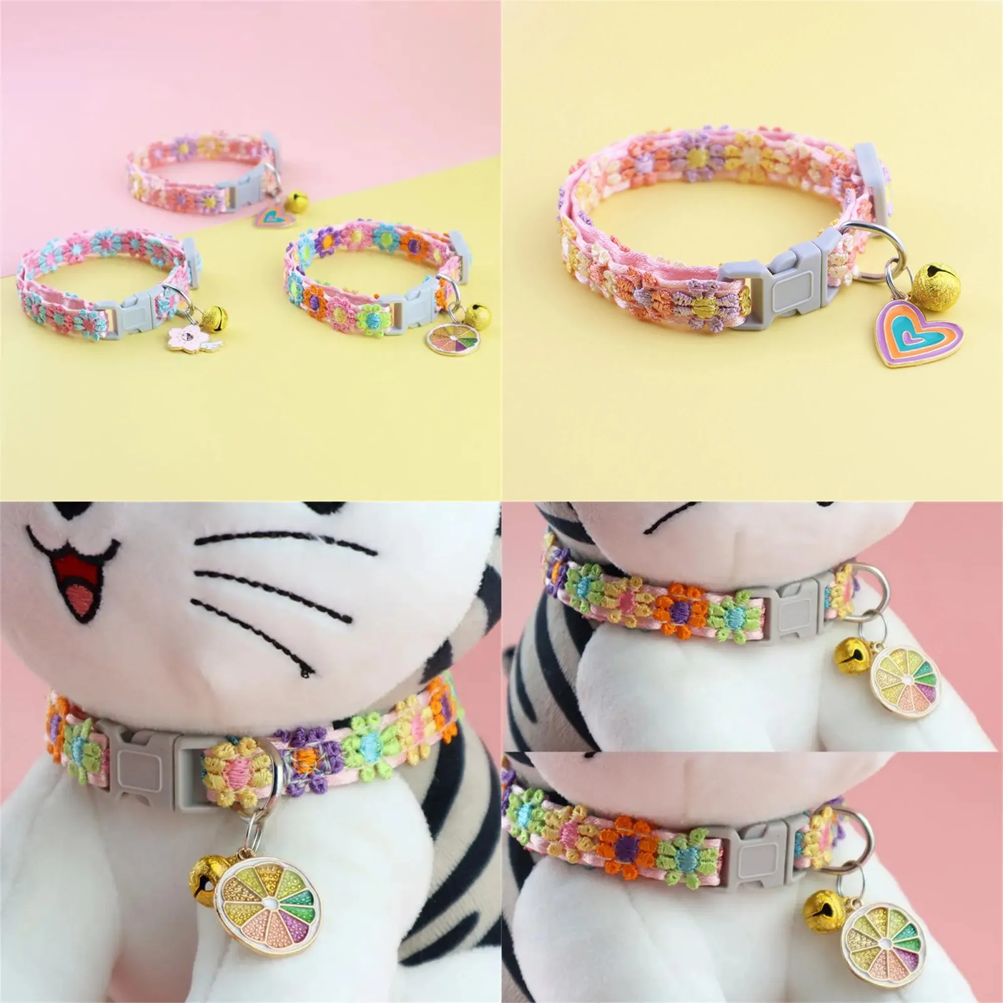 Fashion Rainbow Flower Cat Collar With Bell Kitten Puppy Necklace Adjustable Buckle Colorful Lace Kitten Collar Dog Accessories