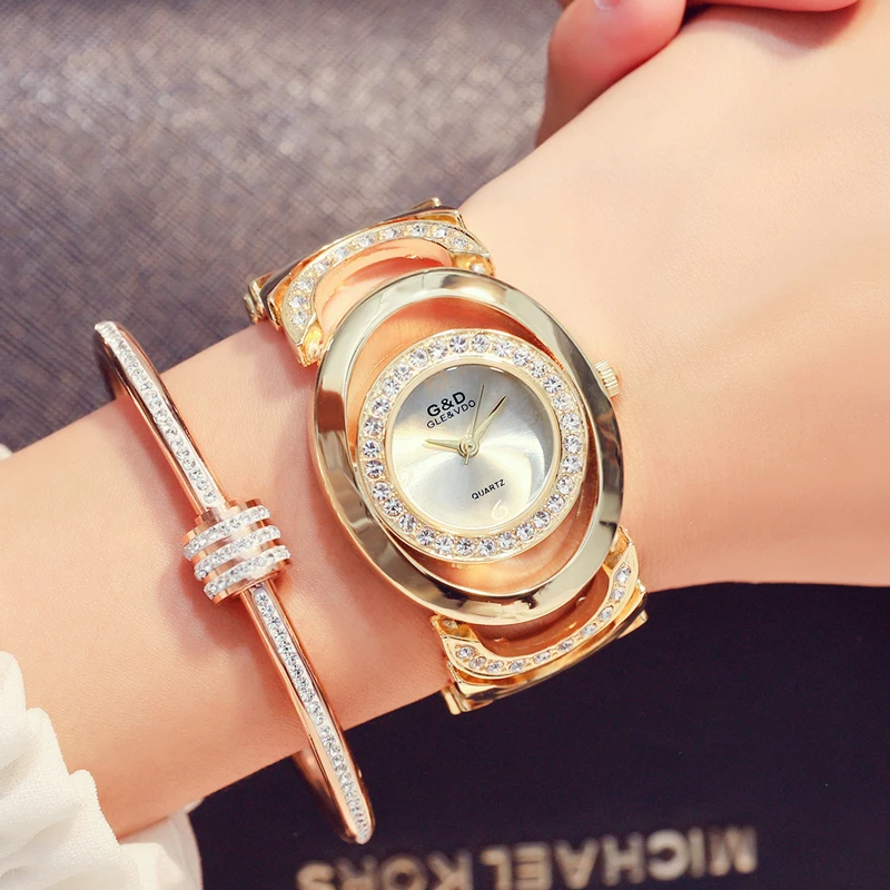 G&D Elegant Women Quartz Watches Gold Plated Bracelet Crystal Diamond Fashion Ladies Wristwatch Luxury Jewelry for Wedding Party