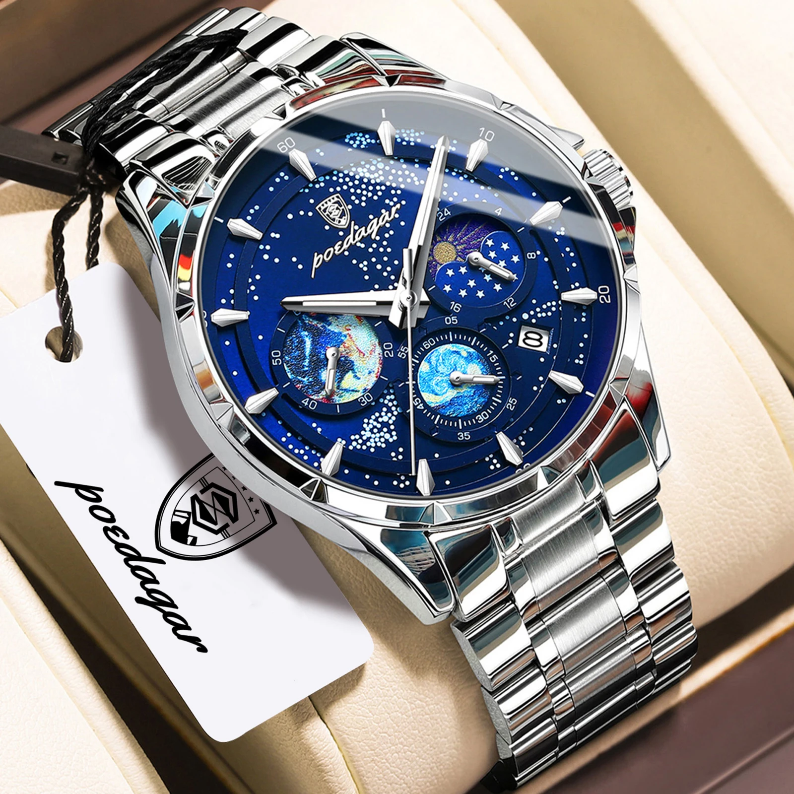 POEDAGAR Luxury Male Clock Chronograph Date Stainless Steel Quartz Men Watch Luminous Waterproof Fashion Men's Watches Reloj+Box