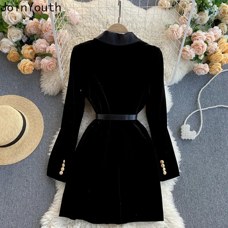 Autumn Winter Robe Femme Double Breasted Slim Velvet Dress for Women Vintage Elegant Solid Color Lapel Collar Vestidos De Mujer