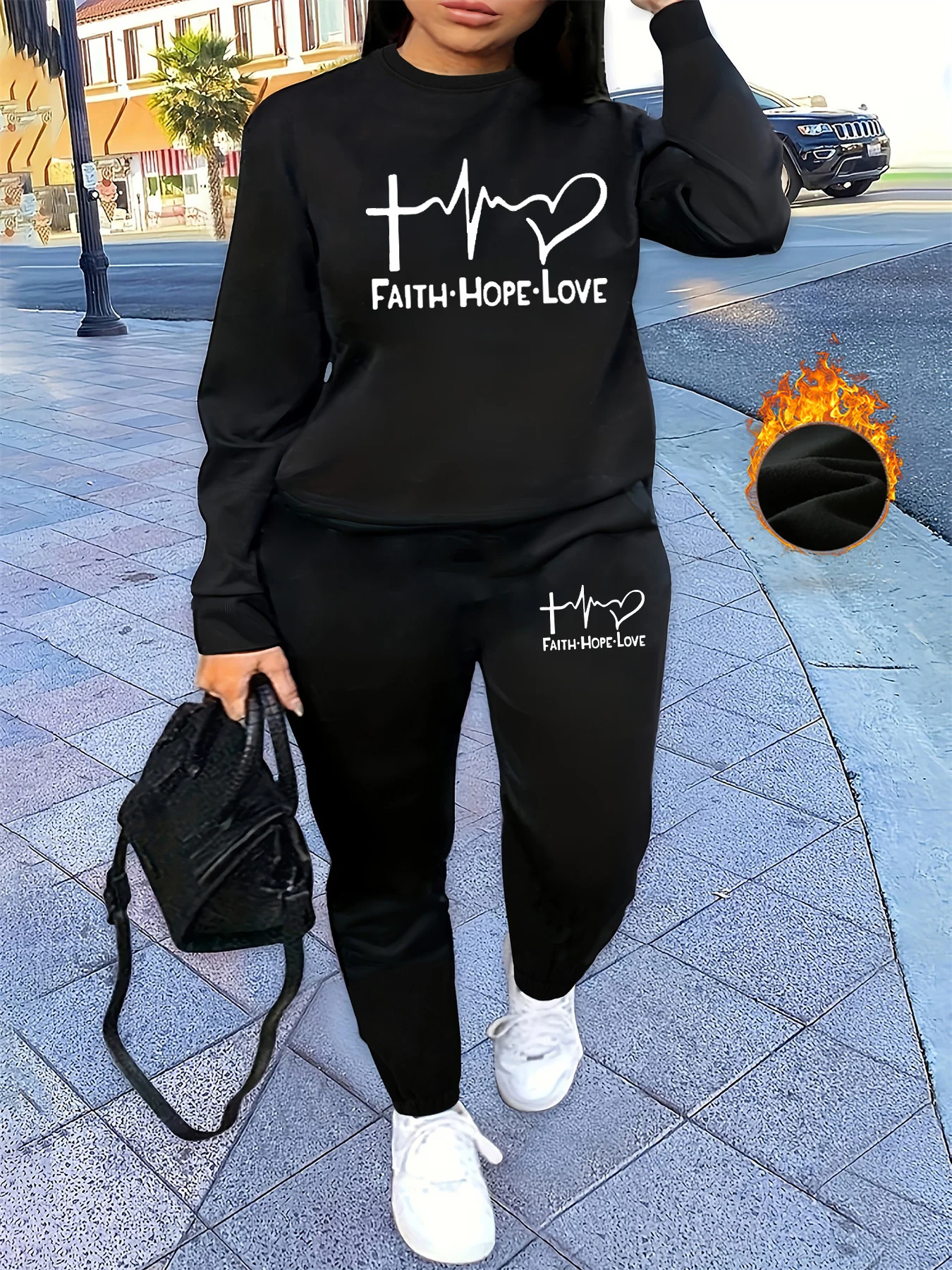

Women's autumn and winter hip-hop street casual FAITH HOPE LOVE printed round neck sports shirt+sports pants set warm clothing