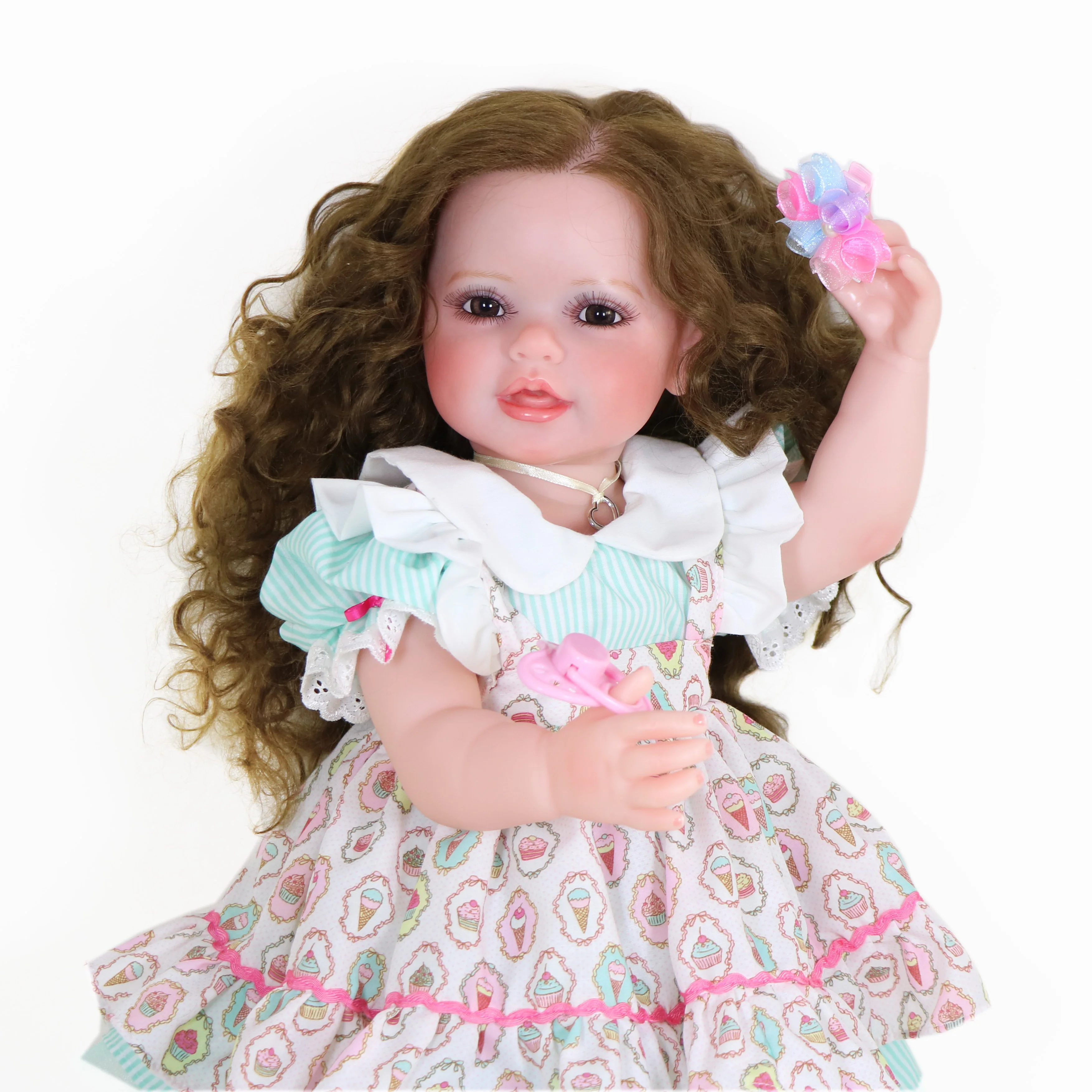 22 inch Standing Reborn Toddler Dolls Smile face with 3D Painted Skin Visible Veins and Rooted Brown Hair Full Vinyl Body