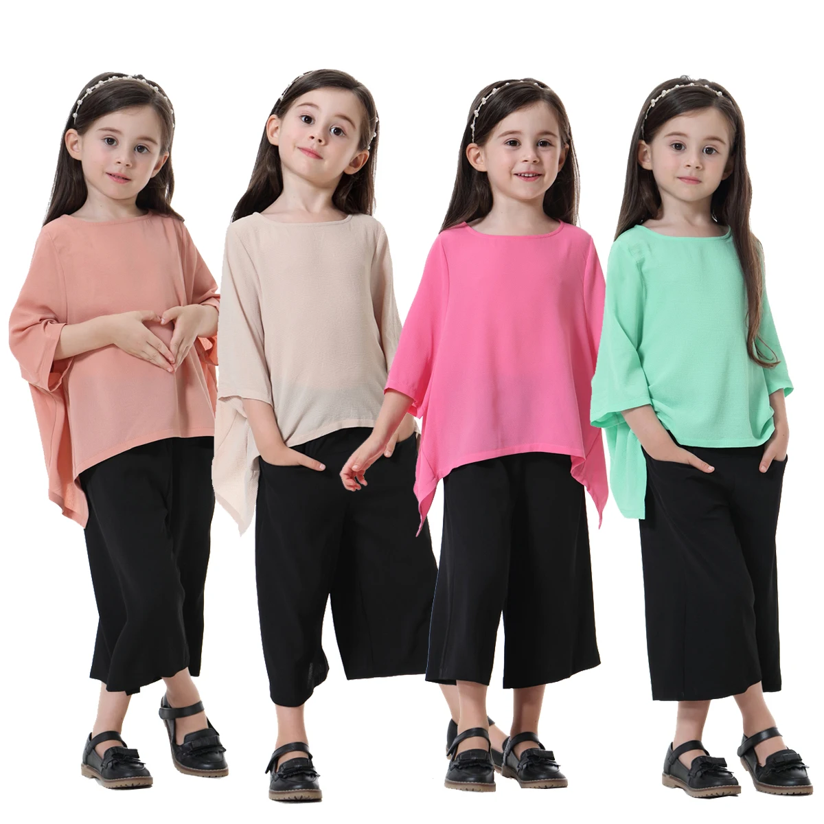 

2 PCS Muslim Girls Round Neck 3/4 Sleeves Solid Color Casual Tops T-shirt Arab Big Kids Pure Long Loose Pants Set