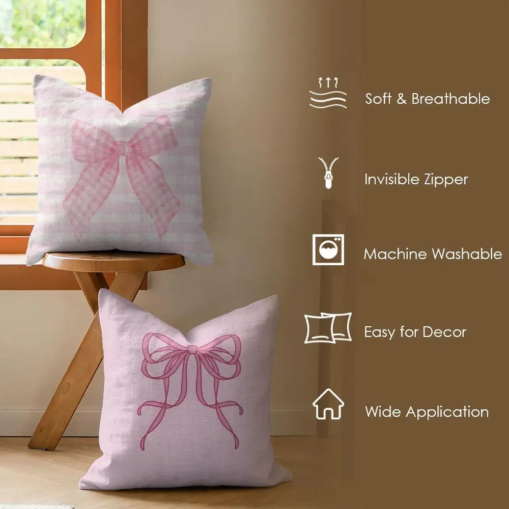 Cute Pink Ribbon Bow Cushion Cover Soft Short Plush Pillow Cover Smooth Cozy Texture Aesthetic Cushion Case Home Decor