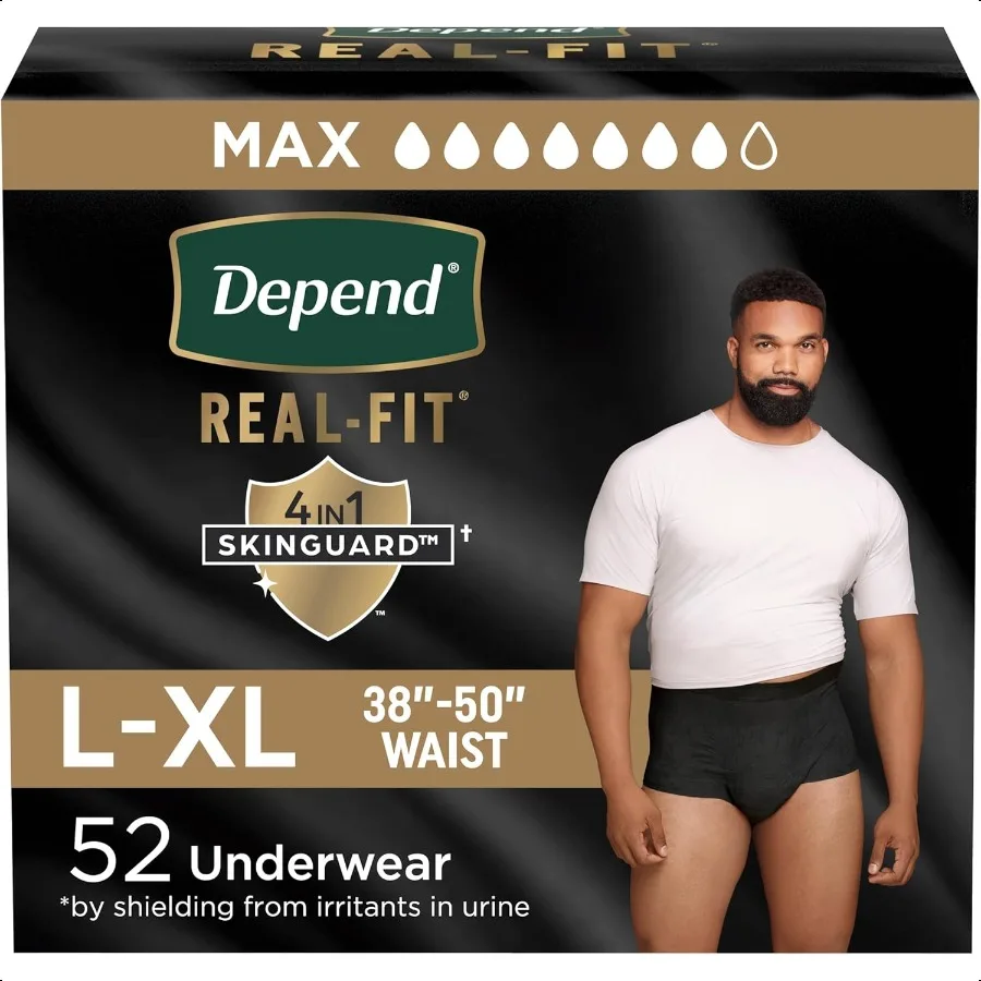 

Depend Real Fit Incontinence Underwear for Men Maximum Absorbency Large Extra Large Black 52 Count 2 packs of 26 Packaging May