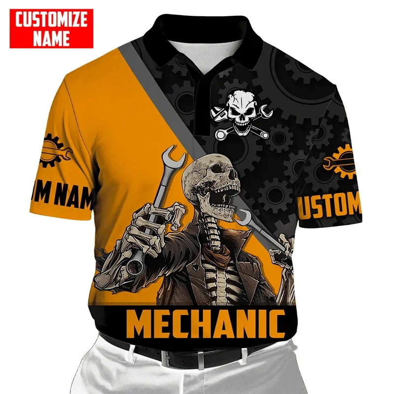 

Summer Men's Short Sleeve Polo Shirt Personalized Name Mechanic Skull 3D Printed Polo Shirt Harajuku Street Casual Polo Shirt