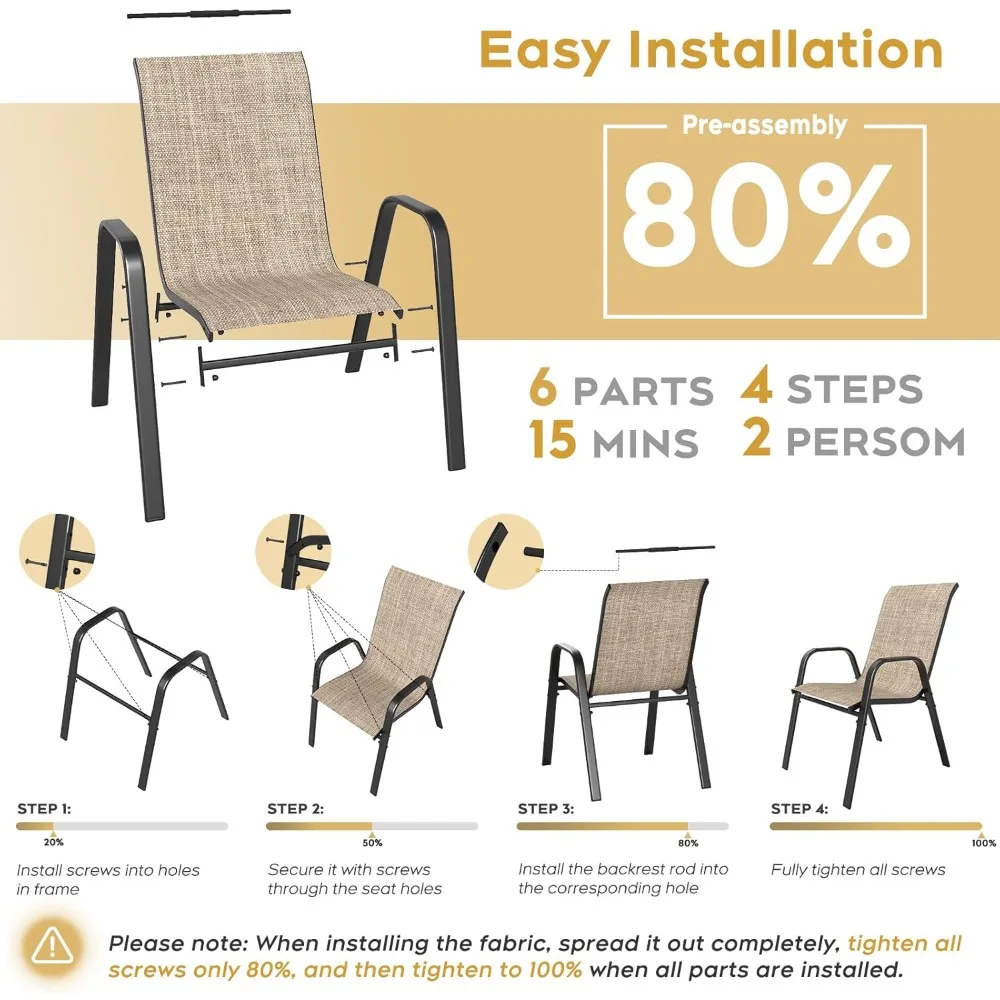 مجموعة كراسي تناول الطعام مكونة من 4 كراسي طعام خارجية قابلة للتكديس لجميع الأحوال الجوية بسعة 330 رطلًا من القماش الثقيل المقاوم للصدأ