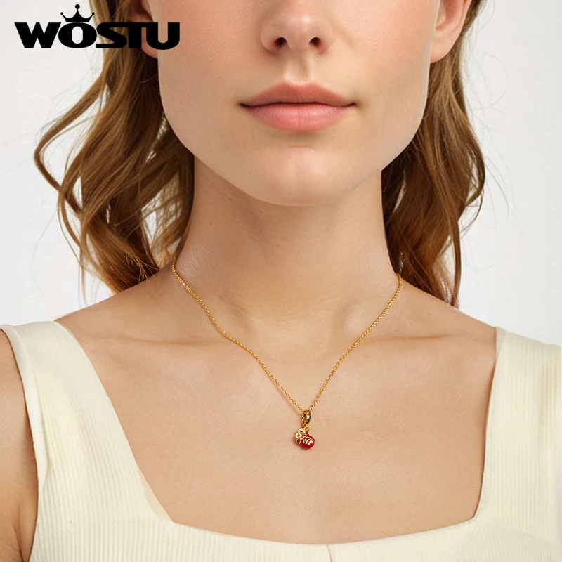 WOSTU 925 Sterling Silver Red Fortune Charms 18K Gold Lucky Pendant Cat Pawprint Beads Original for Women Bracelet New Year Gift