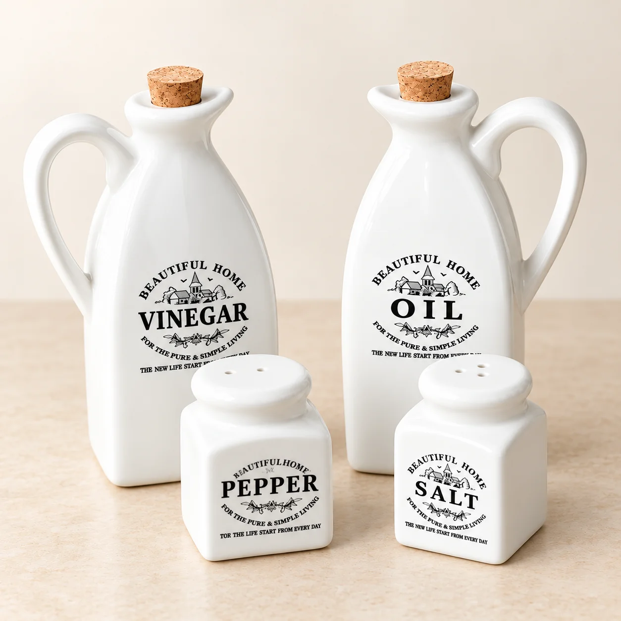 Vintage Ceramic Oil and Vinegar Dispenser Set with Salt and Pepper Shakers, 4-Piece White Kitchen Condiment Bottles with Corks