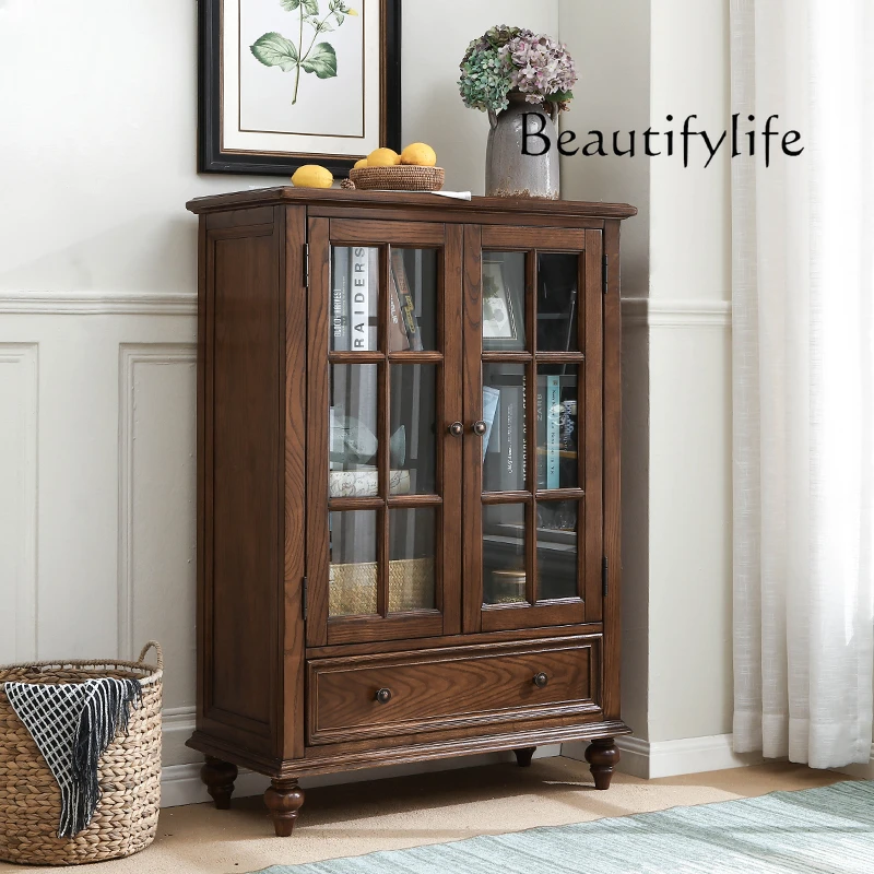 

American Country Living Room Solid Wood Assembled Cabinet Modern Minimalist Double Door Wine Cooler Retro Style Locker