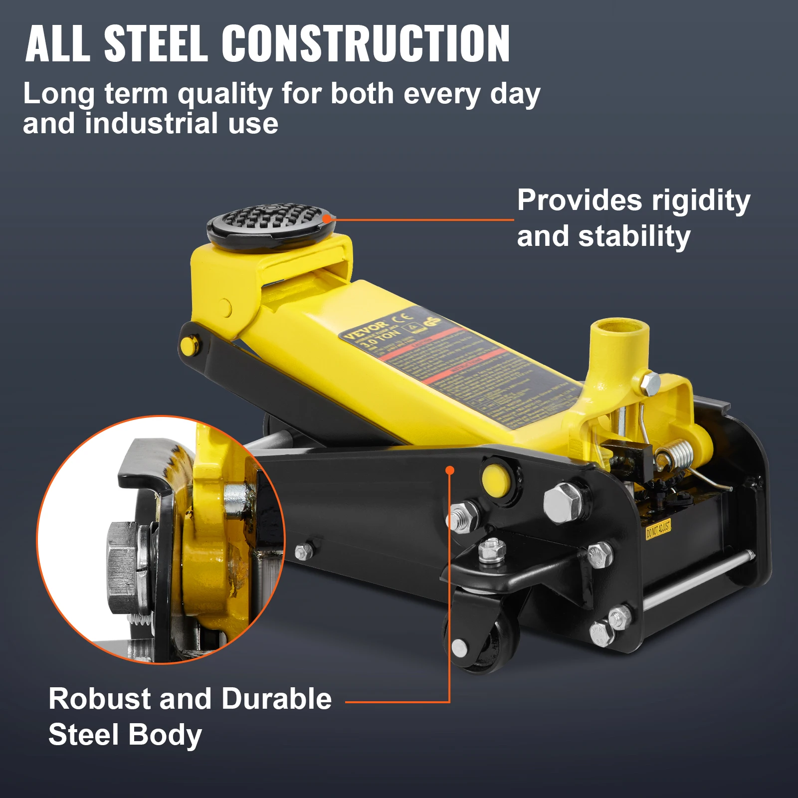 VEVOR Martinetto Idraulico a Pavimento in Acciaio Capacità di Sollevamento Max. 3 Tonnellate per Riparazione Auto Barca Veicolo, Sollevatore con Ruote Altezza Regolabile tra 130-508mm da Auto Camion