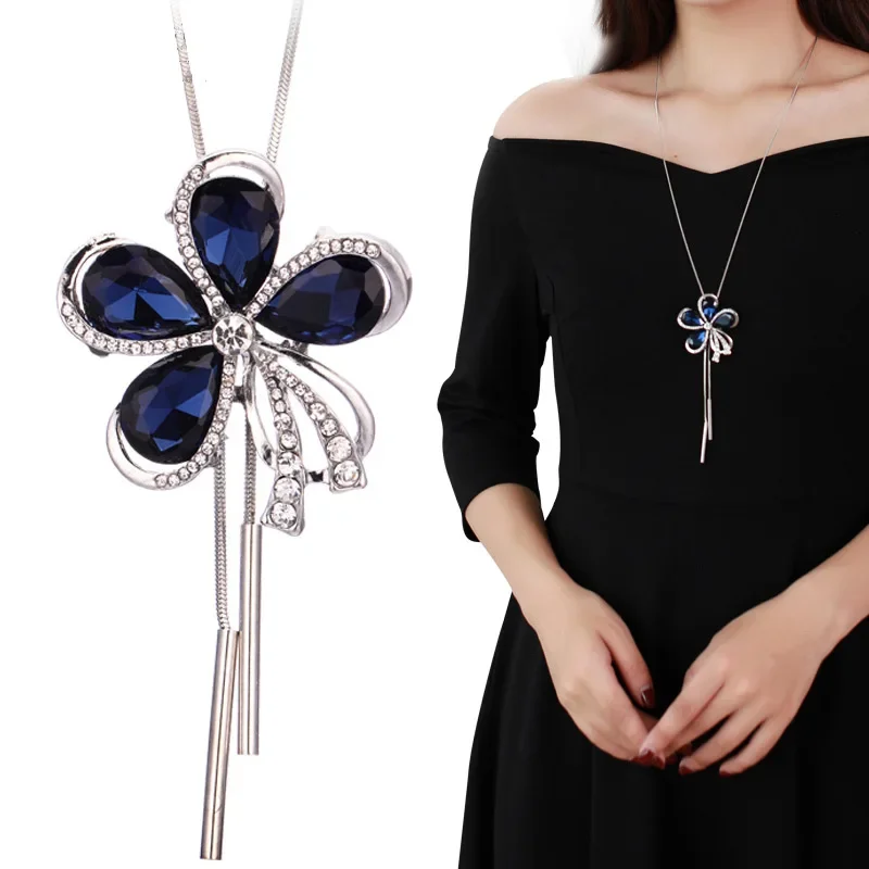 Crystal Five Petal Flower Necklaces & Pendants for Women Trendy Long Collier Femme Fashion Female Sweater Chain Jewelry