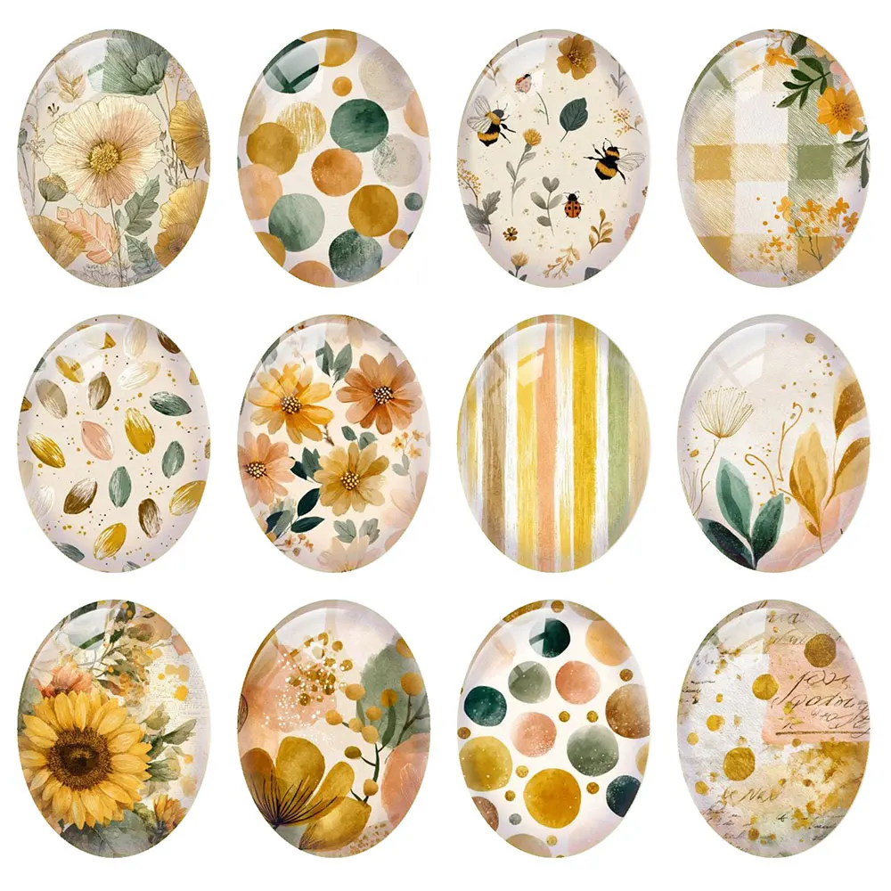 Random Mixed Round/Oval/Square Warm Yellow Watercolor Floral Photo Glass Cabochon Flatback Demo Cameo For Diy Jewelry Making