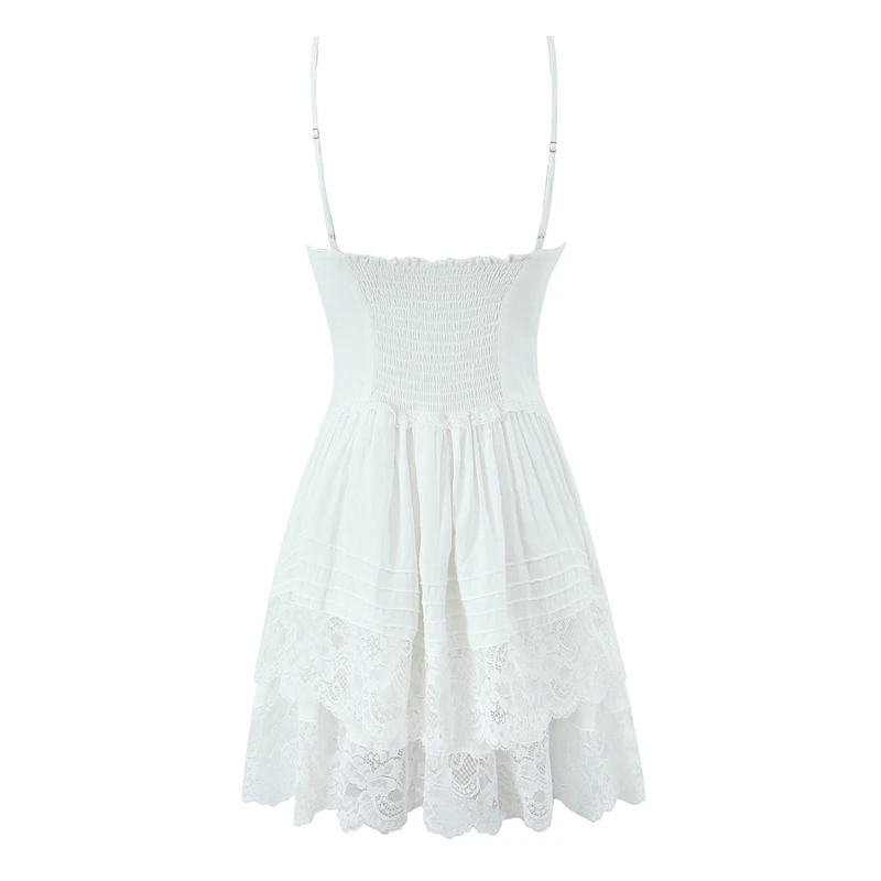 Keyanketian 2025 verão novo vestido de renda halter feminino férias vento slash neck fino cinta espaguete em camadas babados mini vestido