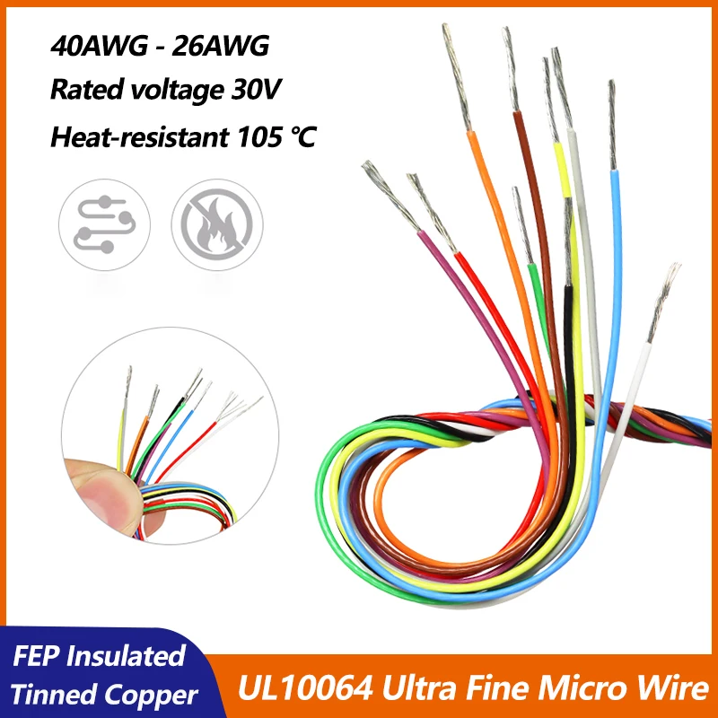 10/20/50m UL10064 Ultra Fine Micro PTFE Wire 40/36/34/32/30/28/26AWG Litz FEP Insulation Cable Tinned Copper Wires for Soldering