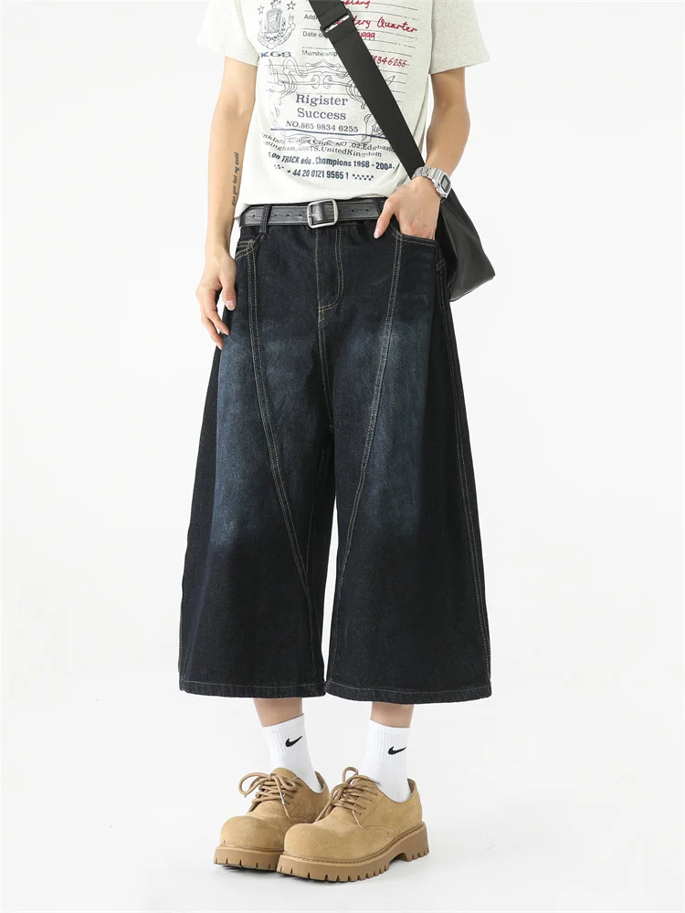 

Casual Men's 7/8 Length Jeans Loose Slim Silhouette Washed American Retro Straight Leg Mid-Pants Summer Leisure Shorts