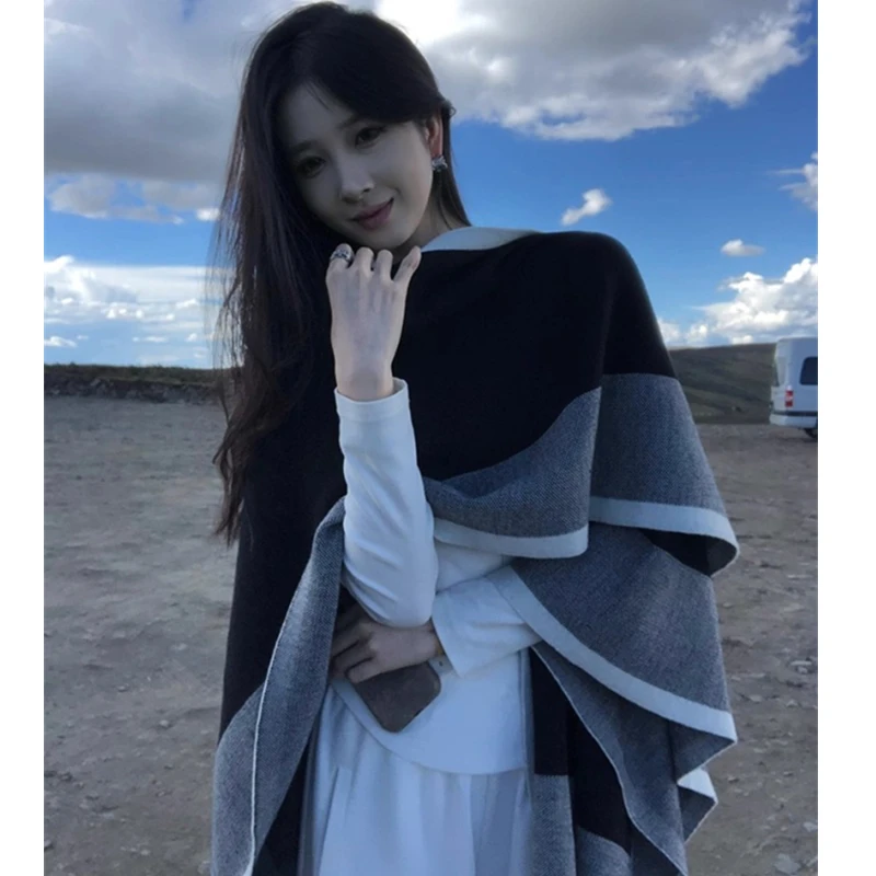Simple Color Blocking Cape Shawl Women Warm Loose Knitted Jacket Cardigan