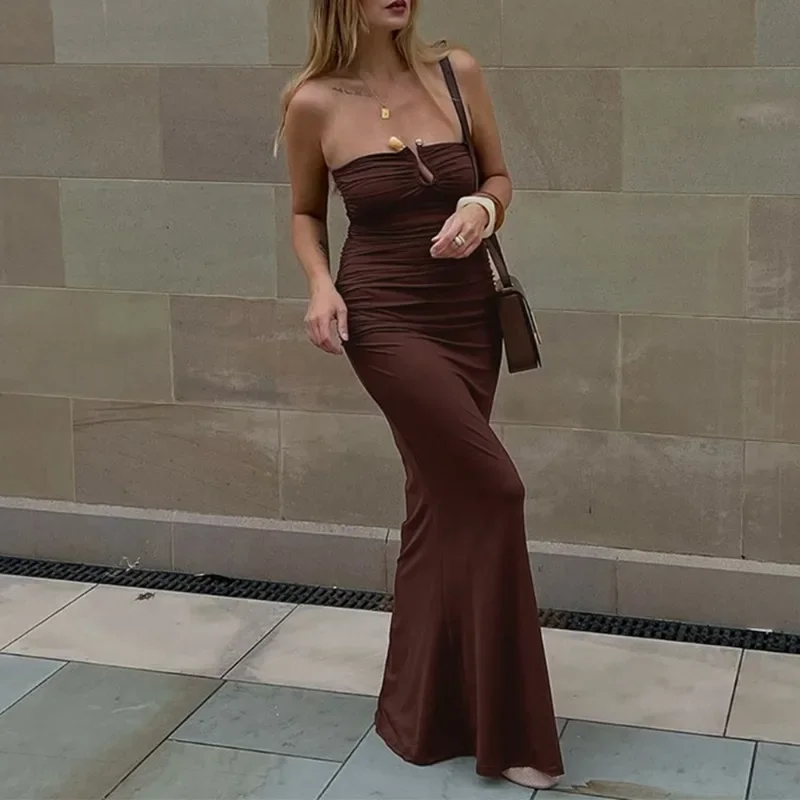 CAREY ENZA-Robe Maxi Sans Bretelles pour Femme, Sexy, Plissée, Col en U, Hanche, Dos aux, Taille Haute, Tenue de Soirée de Luxe