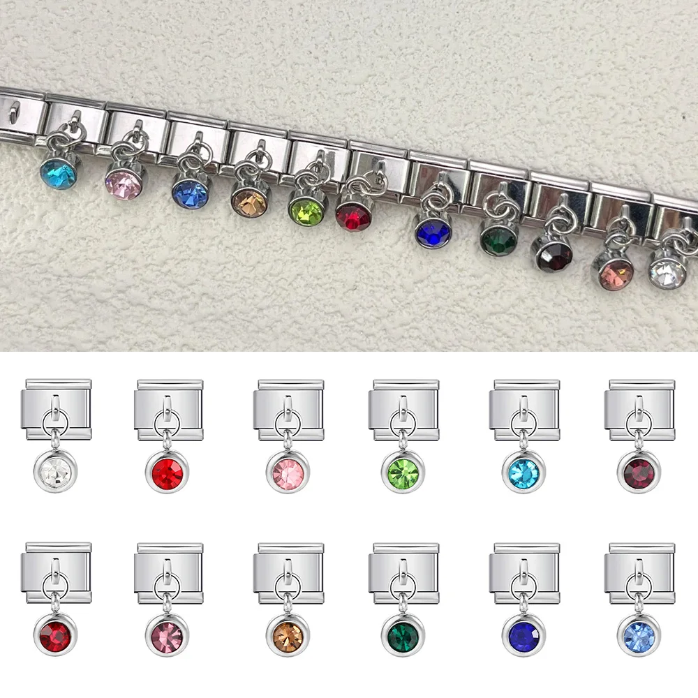 

Fashion Silver Color Birthday Stone Pendant Charm Elastic Link Jewelry Italian Stainless Steel DIY Making for Women 9mm Bracelet