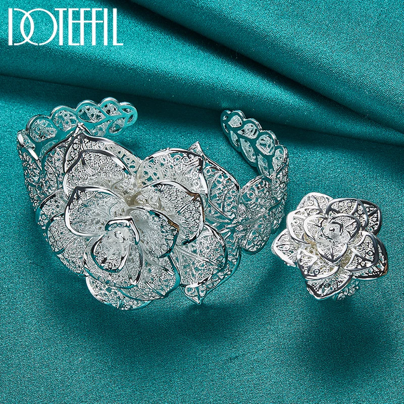 

DOTEFFIL 2pcs 925 Sterling Silver Big Flower Bracelet Ring Set For Woman Man Wedding Engagement Party Fashion Charm Jewelry