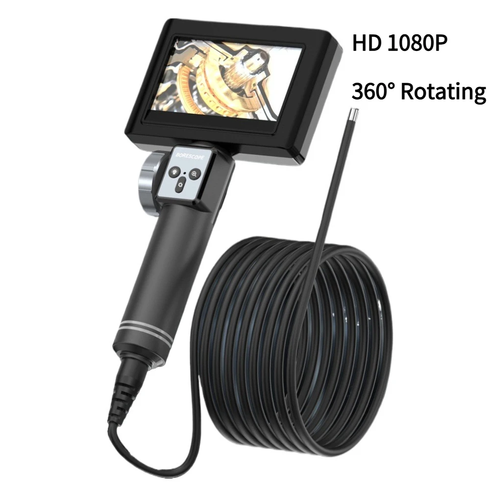 360° Rotating HD 1080P Industrial Endoscope, IP68 Waterproof Inspection Camera with Hard Cable & LED for Auto Pipe