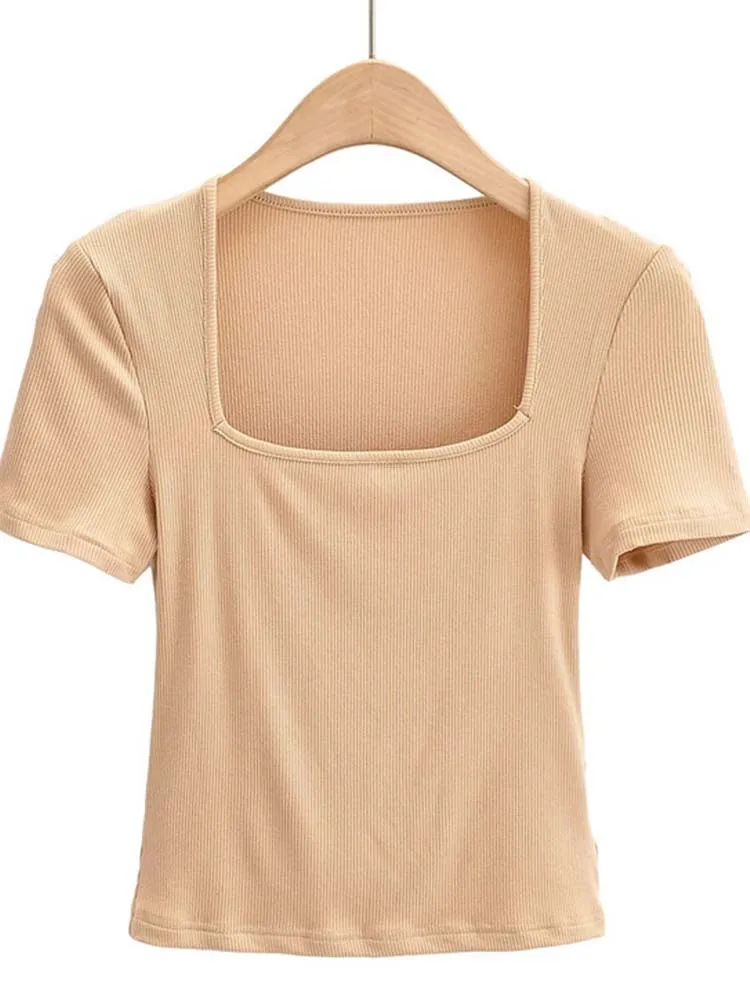 Arrival Summer Girls Thin Sexy Solid Slim Low-Cut Square Neck Short-Sleeved Top