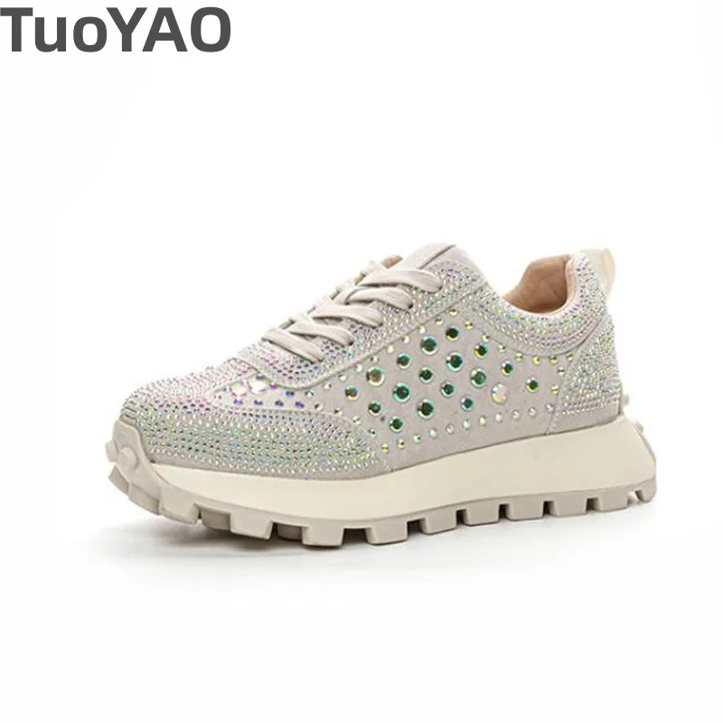 

Women Casual Shoes Genuine Leather Rhinestone Platform Wedge Sneakers 2024 New Chunky Shoes Spring Autumn Lace-up Sports Shoes