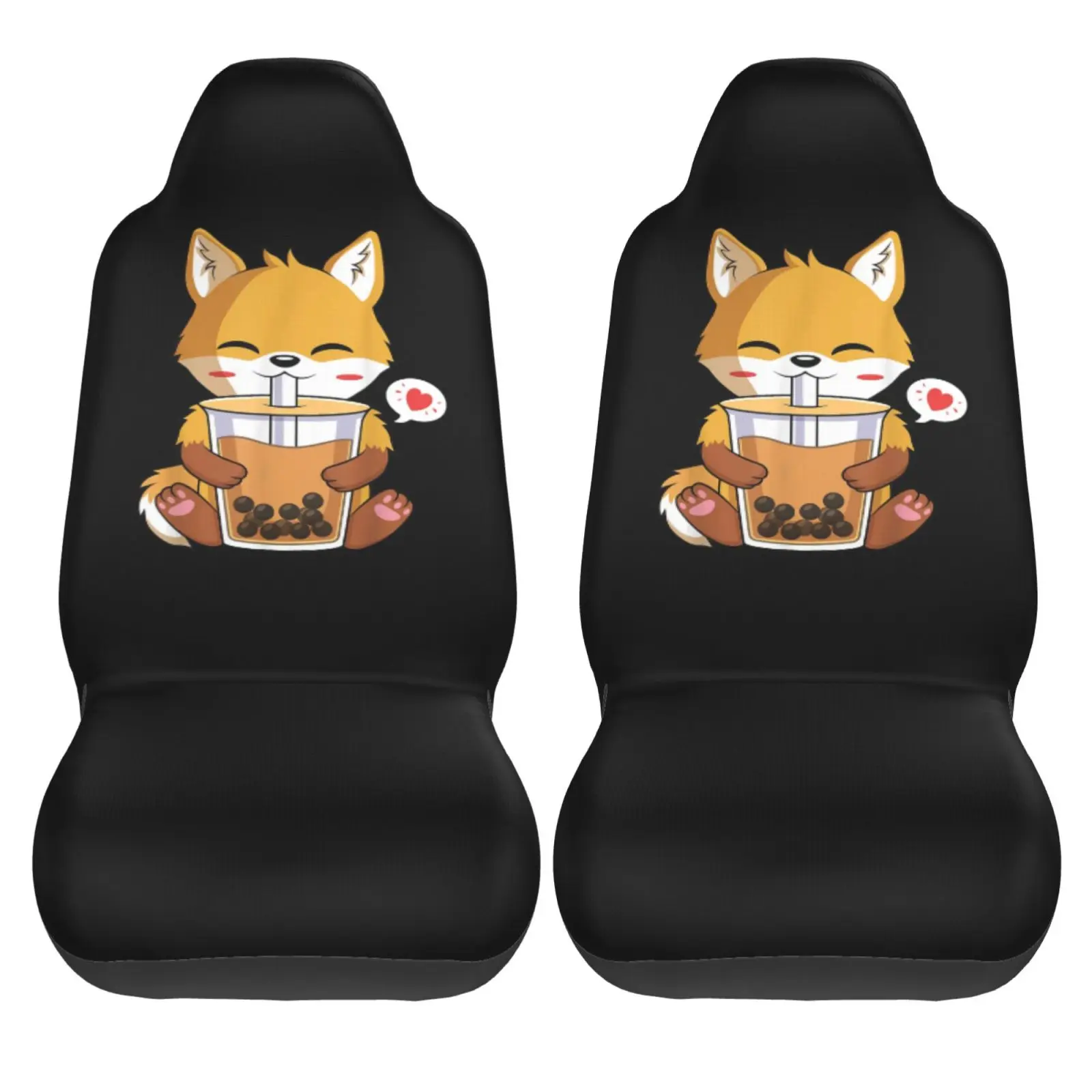 Cute Fox Drinking Milk Tea Car Seat Covers Set for Womens 2pcs Auto Front Seat Protector Universal Car Interior Accessories Full