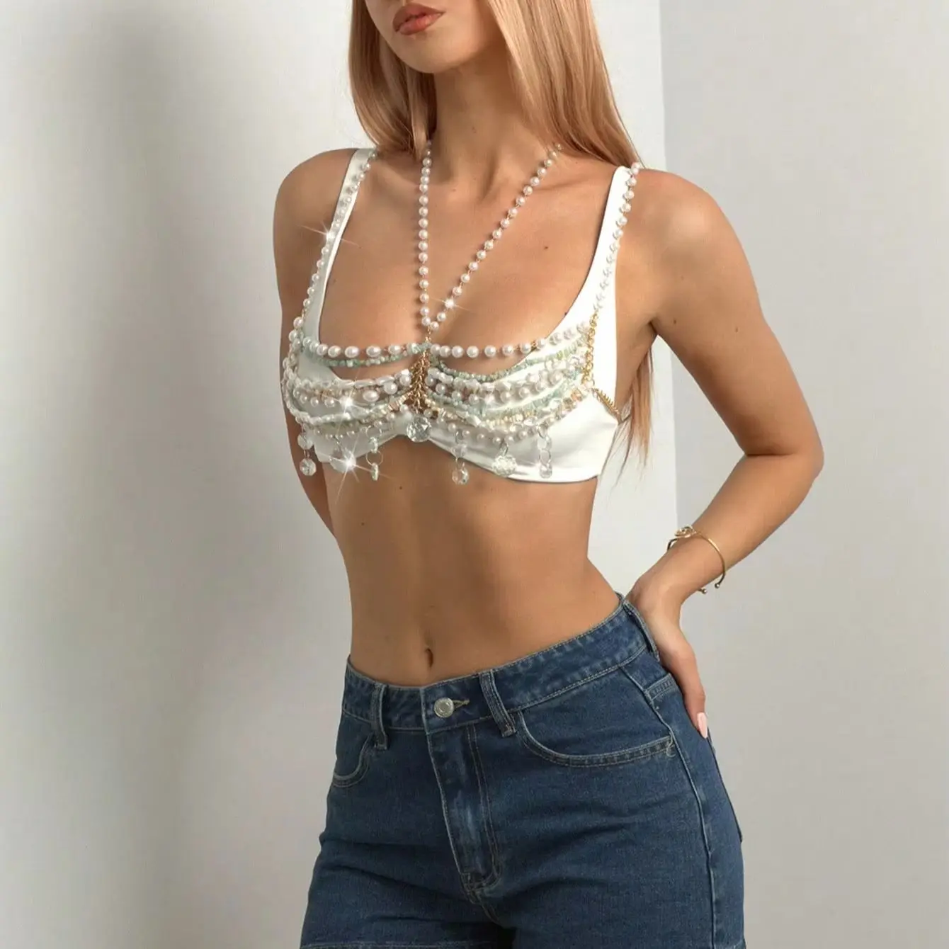 Luxury Pearl Crystal Tassel Women Camisole Sexy Hollow Backless Halter Neck Perspective Cover Up Tank Top Beach Party Crop Top
