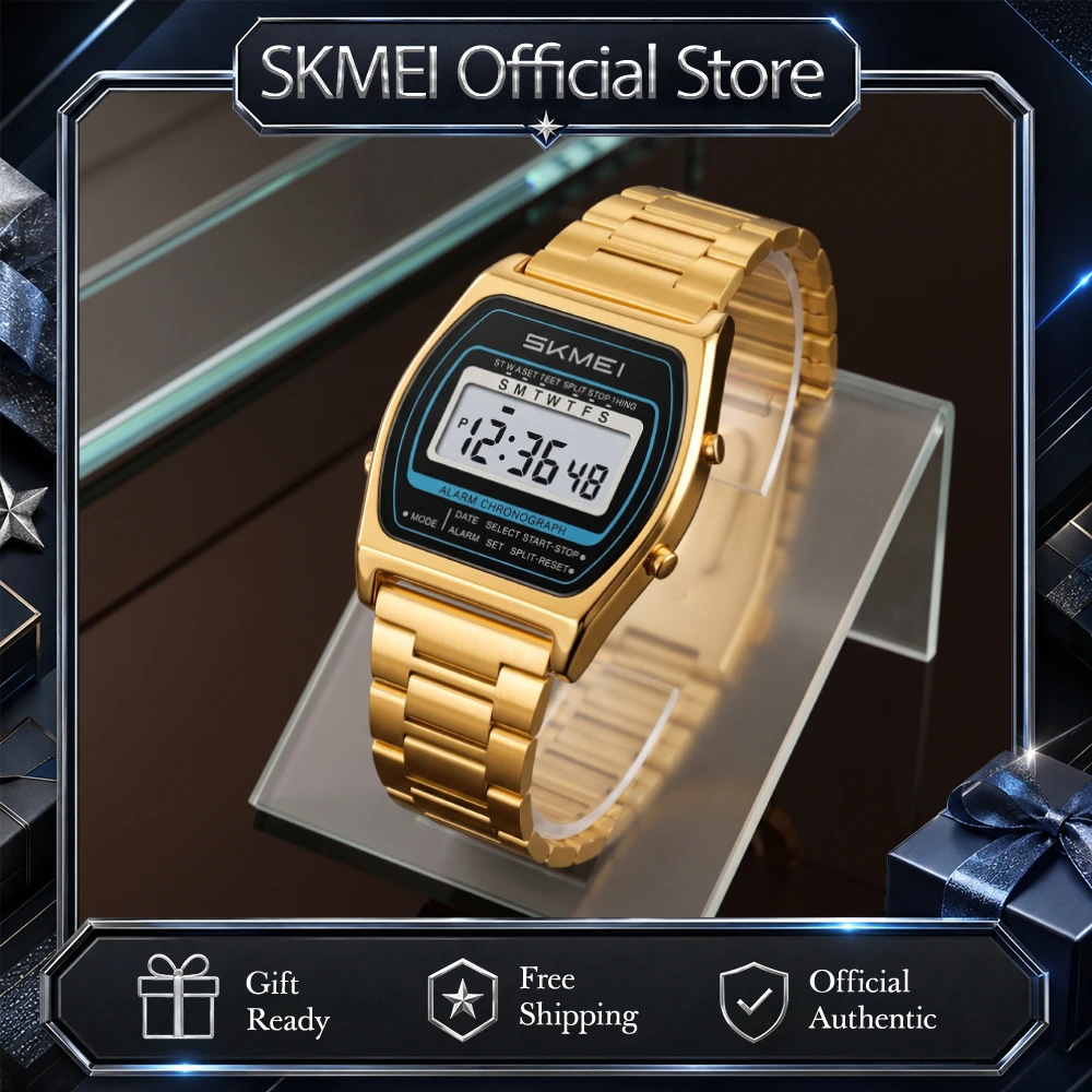 SKMEI 2590 Men Vintage Digital Watches Business Fashion Watch Alarm Clock Casual Stopwatch Date Week Display Stainless Steel Ban