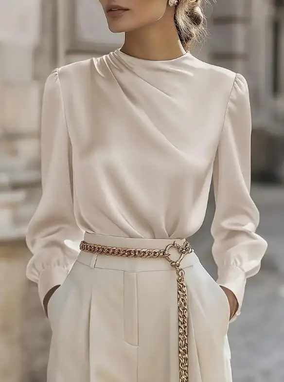 

2025 autumn and winter new women's temperament commuting simple pleated high collar lantern sleeve women's shirt top