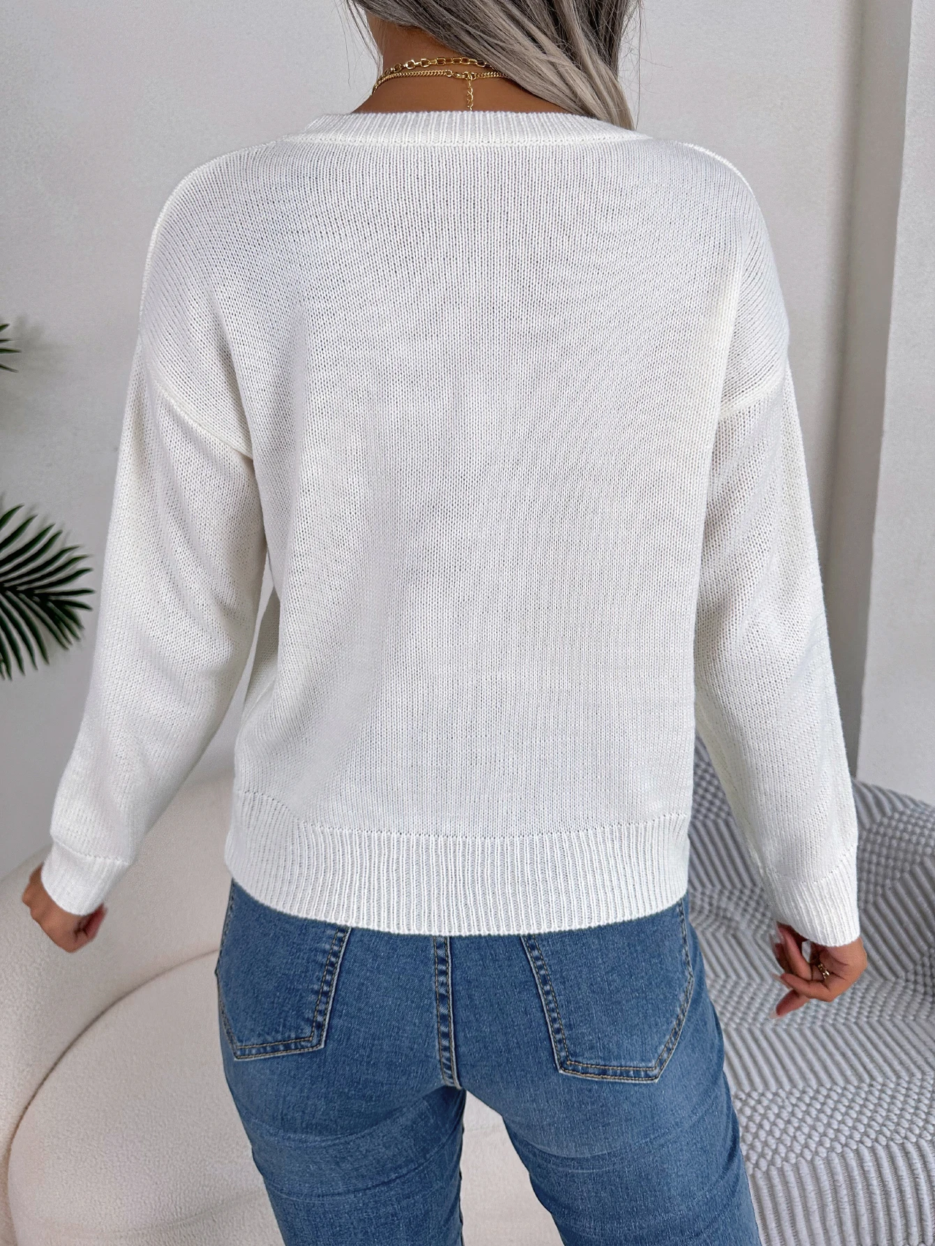 Autumn and Winter Sweet Contrasting Color Heart Pattern Long Sleeved Pullover Sweater