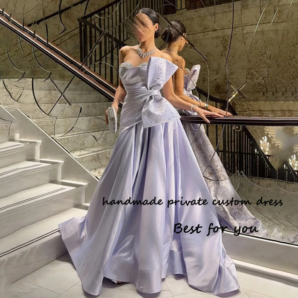 

Lilac Satin Arabic Dubai Evening Dresses Beads Sweetheart A Line Formal Prom Dress with Train Long Evening Party Gown