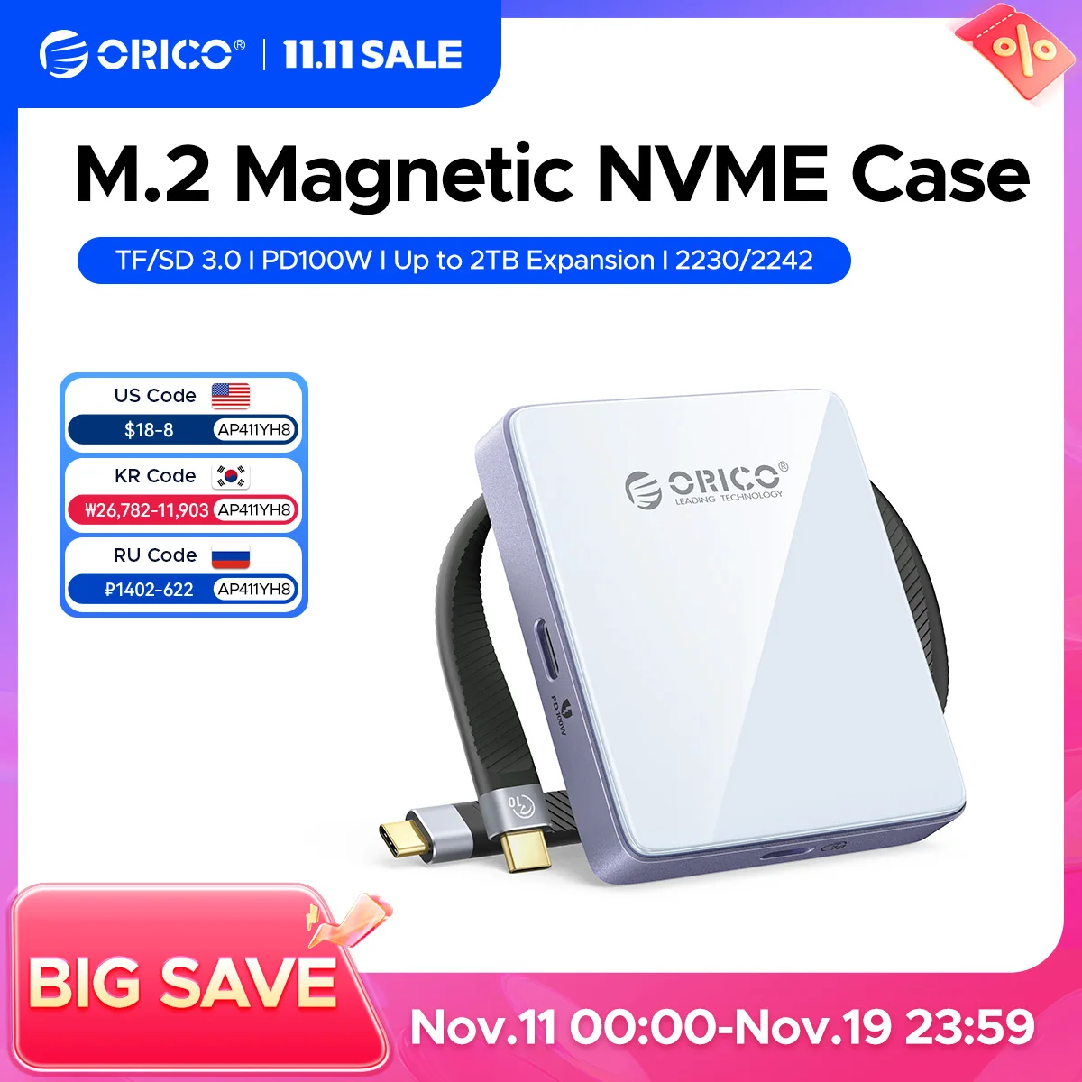 

Внешний SSD-корпус ORICO M.2 NVMe Magnetic SSD-корпус 2230 2242 Корпус для чтения карт TF с PD 100 Вт 10 Гбит/с для iPhone 16 17