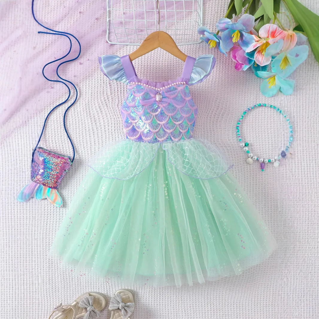 

Girls Scale Shaped Sequin Bodice Pearl Embellished Neckline Tulle Skirt Kids Flutter Sleeved Mermaid Dress Children Putty Gown