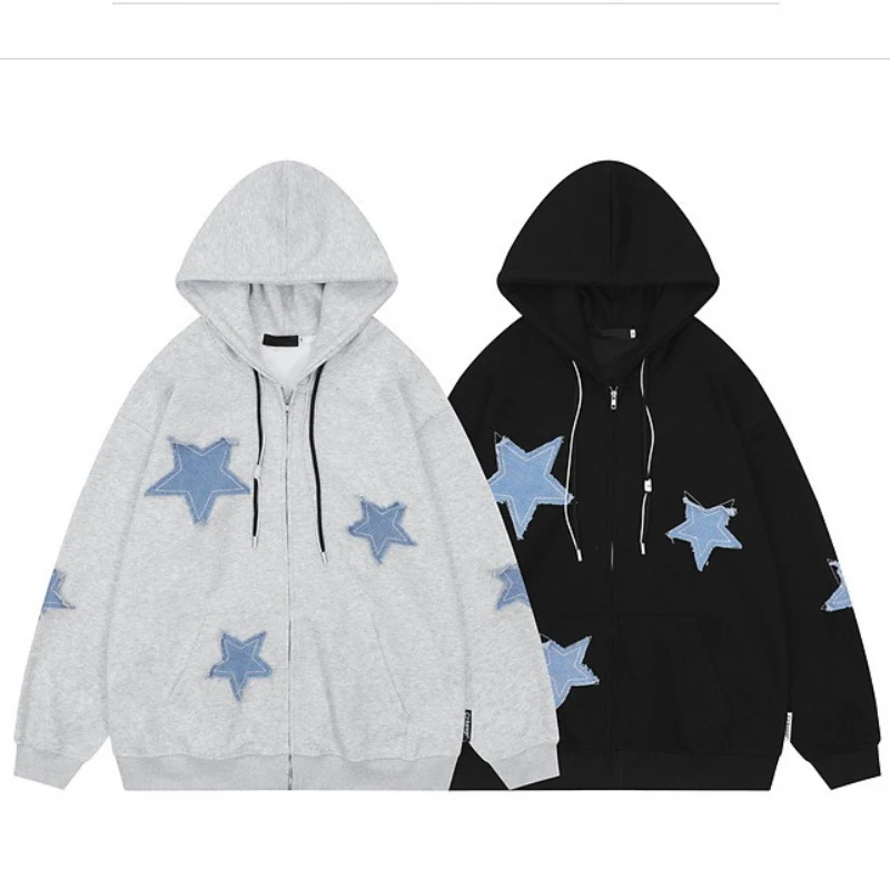 

Vintage Star Patch Hooded Sweatshirt Fall and Winter Fleece Loose Casual Couple Cardigan Jacket