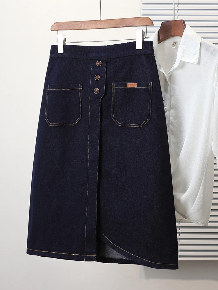 

Новая летняя женская джинсовая юбка средней длины, эластичная, повседневная, для работы, больших размеров, в корейском стиле, с вышивкой, А-силуэт