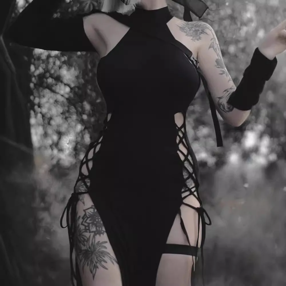 Vestido largo gótico con cordones y cuello Halter para mujer, vestido negro sin mangas con corte lateral y doble abertura, traje Sexy para discoteca, vestido de fiesta