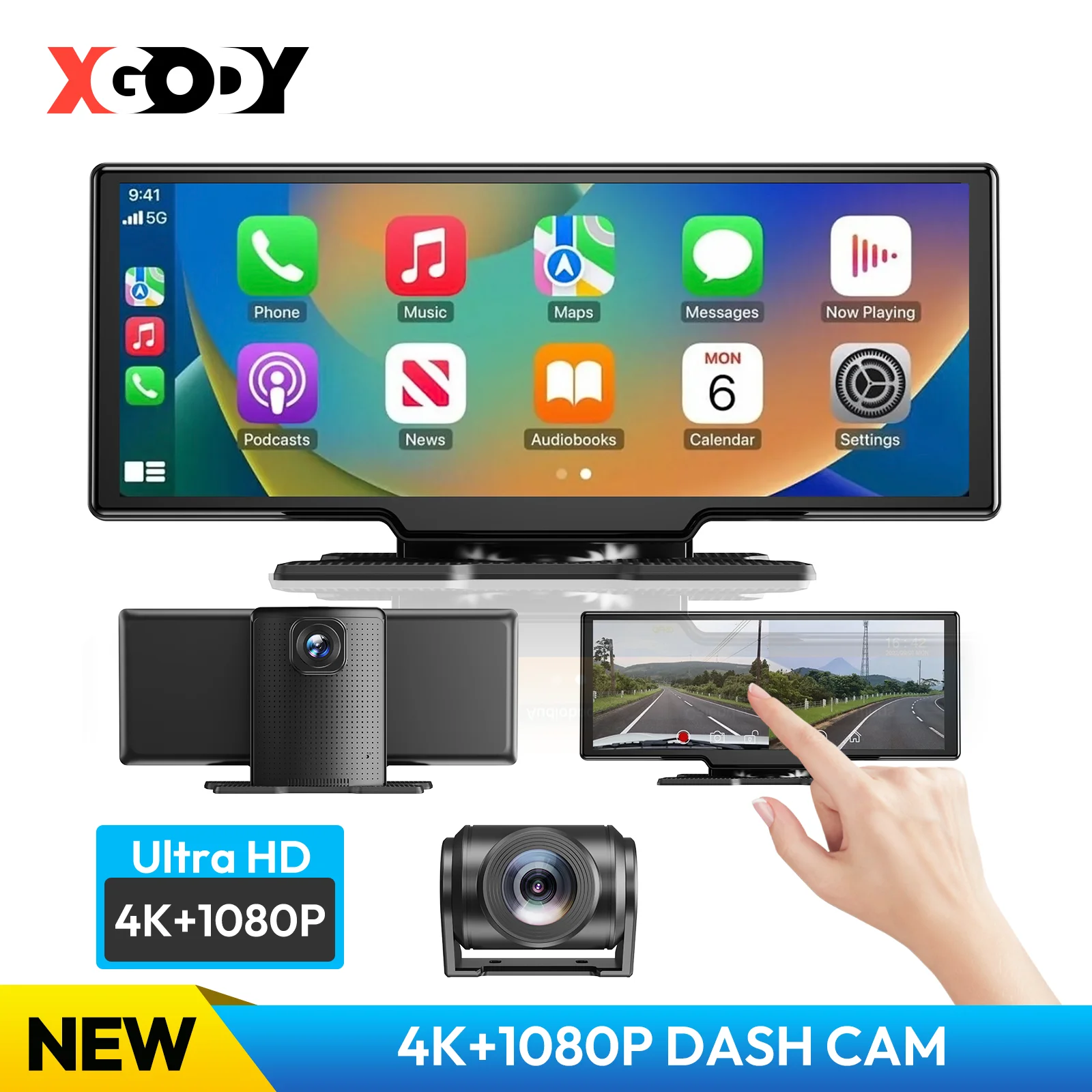 XGODY 4K HD Touch Screen Carplay Android Auto Dash Camera 10.26