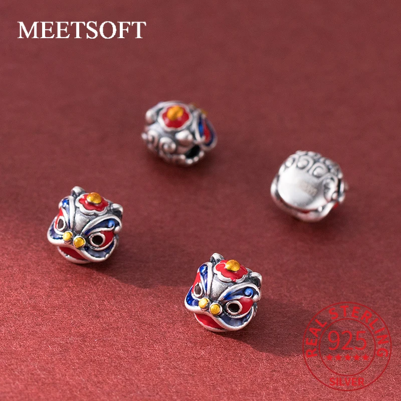 S999 Sterling Silver Chinese Style 3D Enamel Cute Dancing Lion DIY Bracelet Necklace Handmade Woven Rope Material Accessory