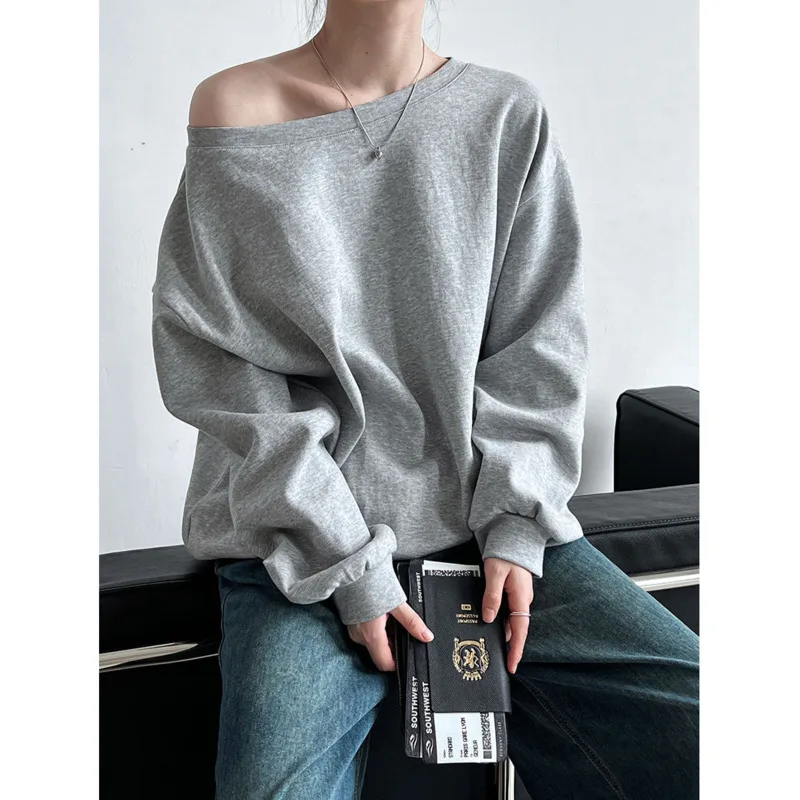 

Autumn Oblique Shoulder Sweatshirts Women Off Shoulder Loose Long Sleeve Cotton Casual Pullover Top