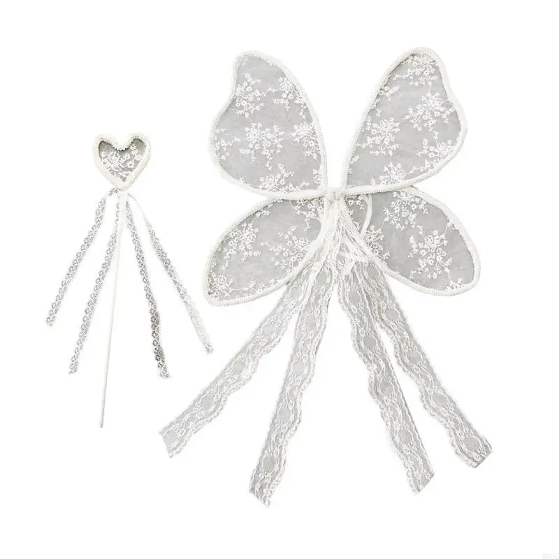 

M89C Lace Embroidered Girls Wing Props Set Comfortable and Lightweight Handheld Wand for Photoshoots Festival Occasion