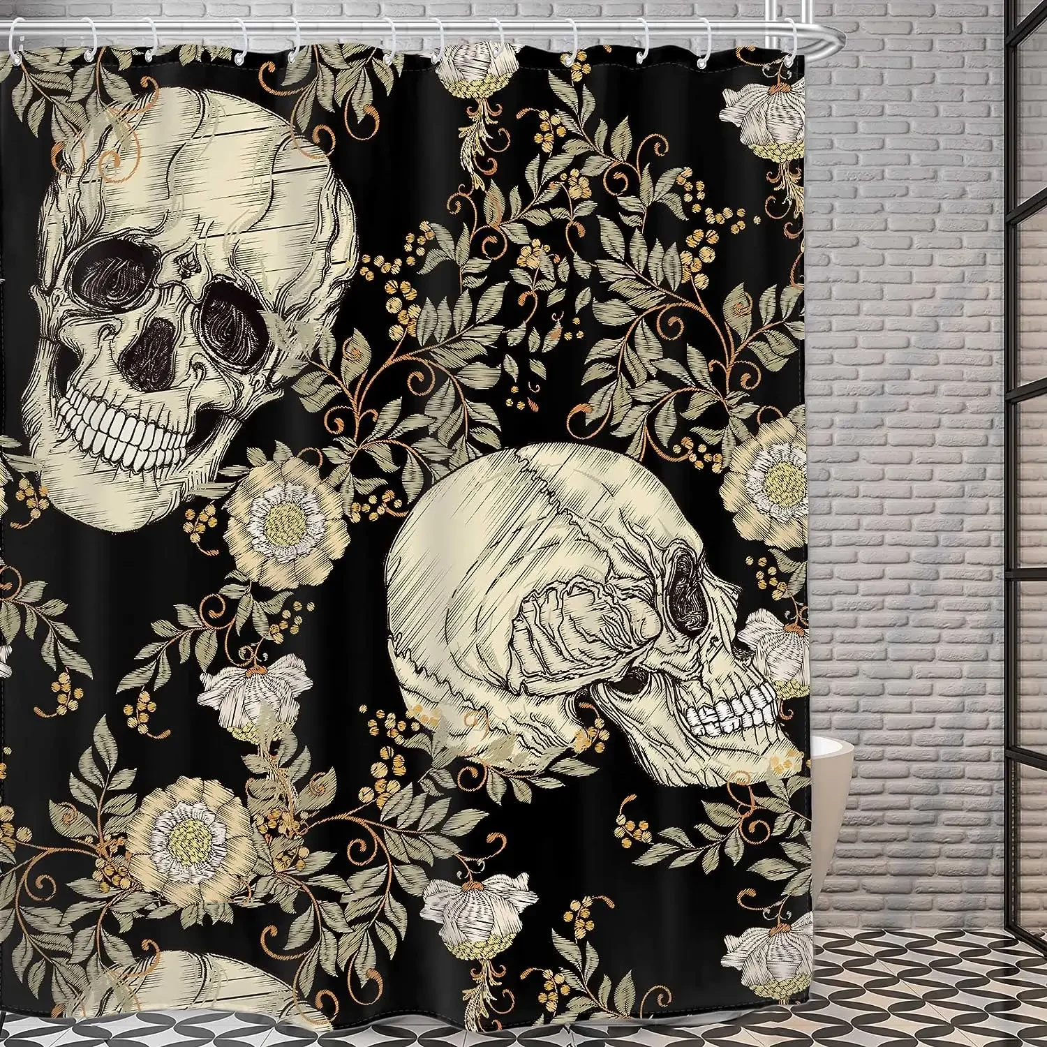 Skull Halloween Shower Curtain Scary Skeleton Flower Ghost Pumpkin Witch Happy Halloween Bathroom Decor Vintage Bath Curtain